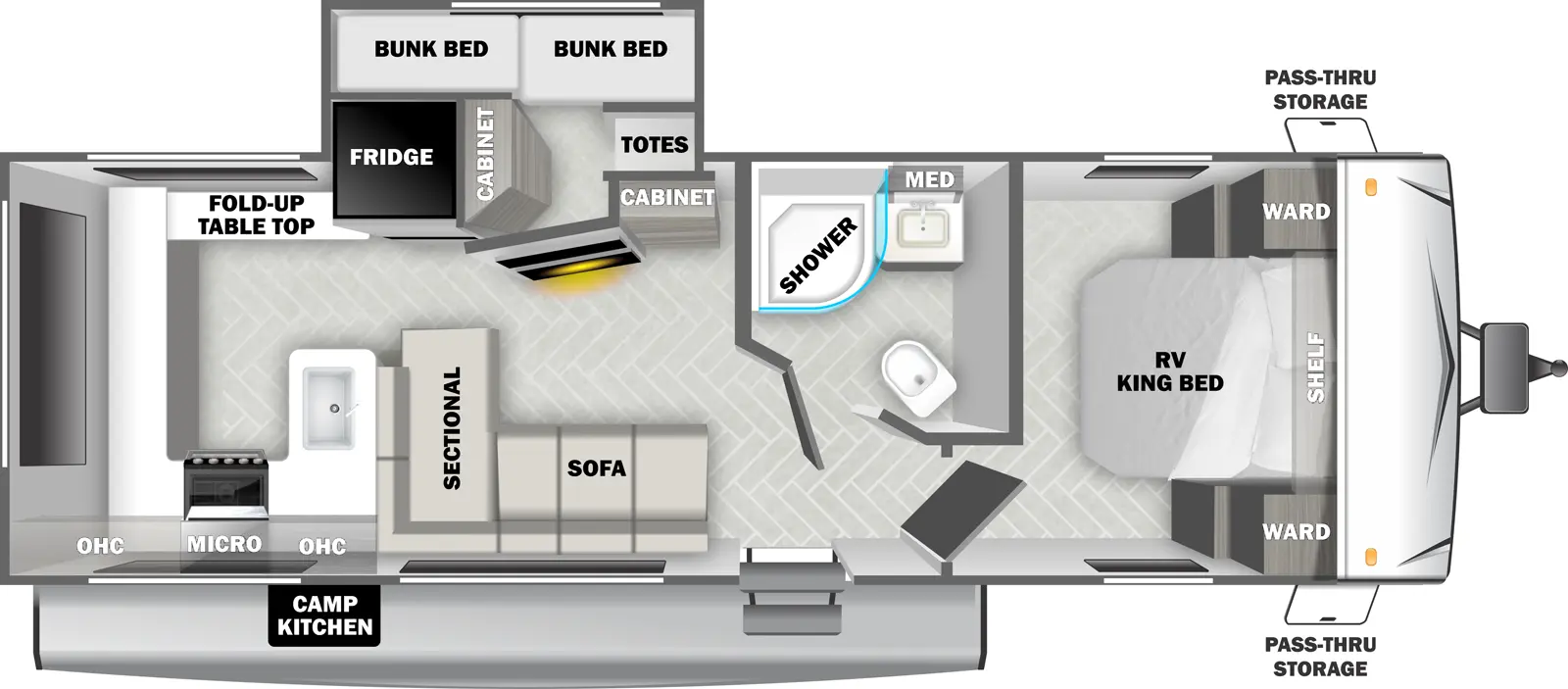 The T2510HBL has one slideout and one entry. Exterior features front pass-thru storage and rear camp kitchen. Interior layout front to back: foot-facing RV king bed with shelf above and wardrobes on each side; off-door side full bathroom with medicine cabinet; door side entry, and L-shaped sectional sofa; off-door side slideout with cabinets, entertainment center with hidden bunk beds, totes and cabinets behind, and refrigerator; rear kitchen with peninsula counter with sink wrapping to door side with cooktop, overhead cabinet and microwave, counter wraps to the rear, and off-door side fold-up table top.